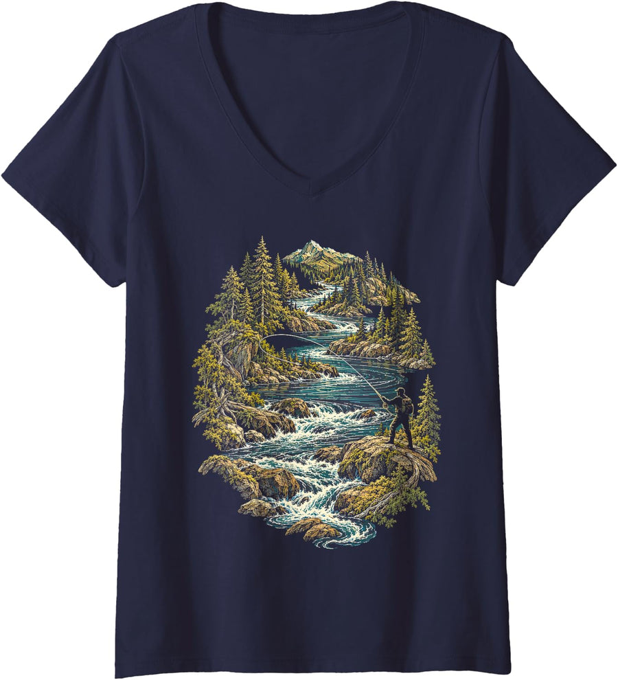 Women's Fly Tying Fly Fishing V-Neck T-Shirt - Navy Blue
