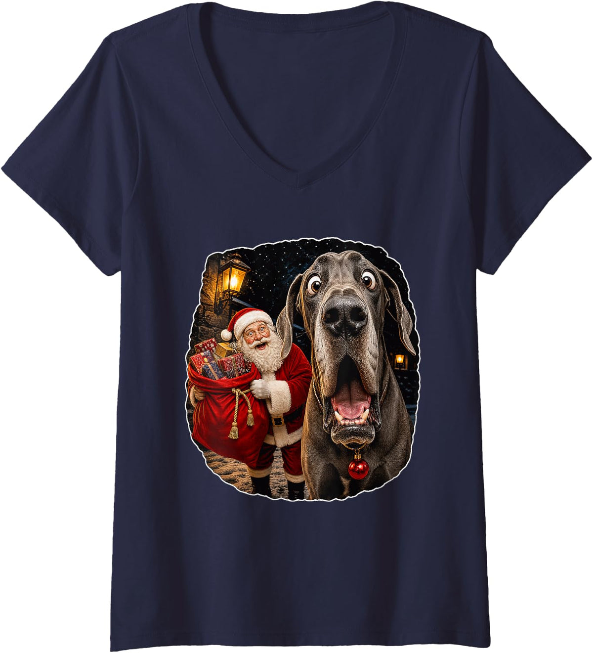 Women's Great Dane Christmas Santa Funny Dog V-Neck T-Shirt - Navy Blue