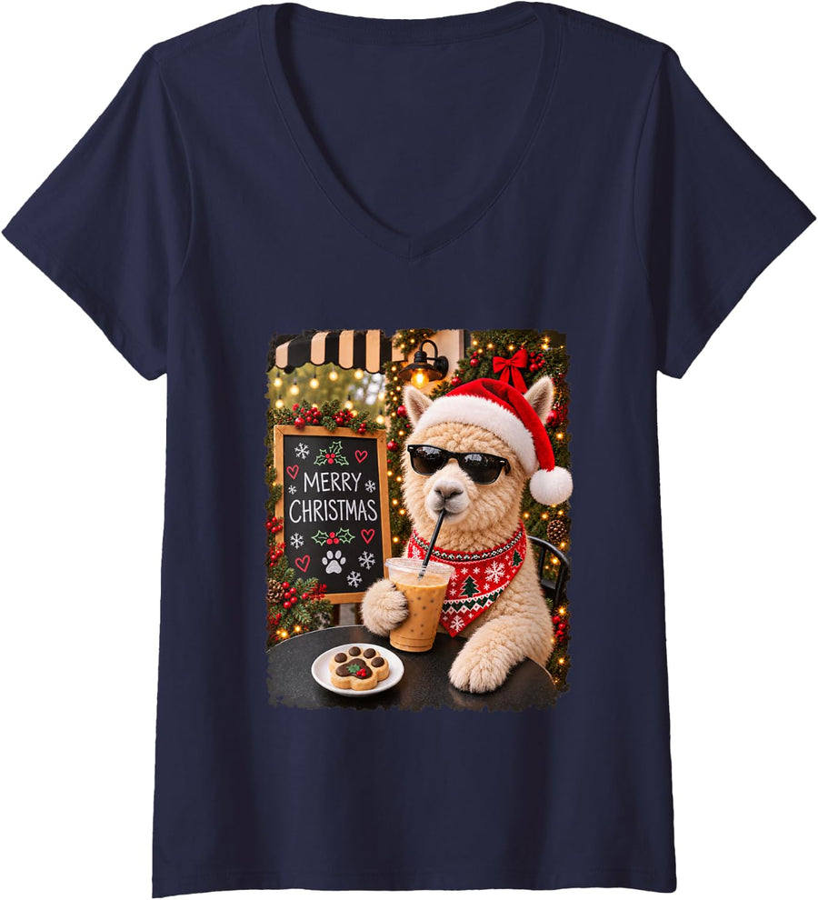 Women's Merry Christmas Chill Alpaca Coffee Santa Hat Holiday V-Neck T-Shirt - Navy Blue