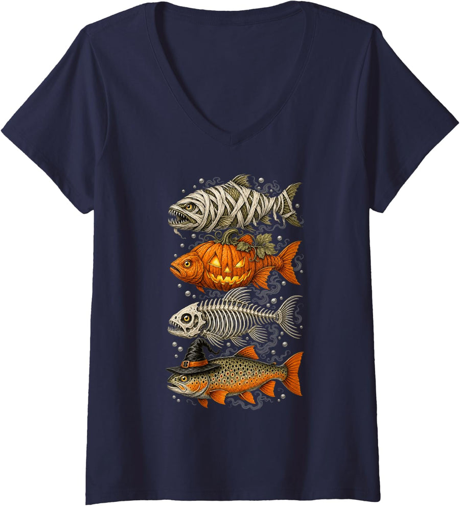 Women's Halloween Trout Fish Fisherman Ghost Pumpkin Skeleton Mummy V-Neck T-Shirt - Navy Blue