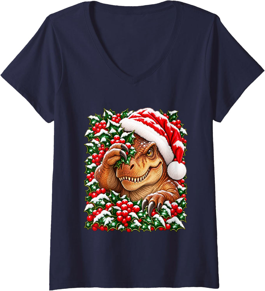 Women's Christmas T-rex Peeking with Holly Berries Festive Dinosaur V-Neck T-Shirt - Navy Blue