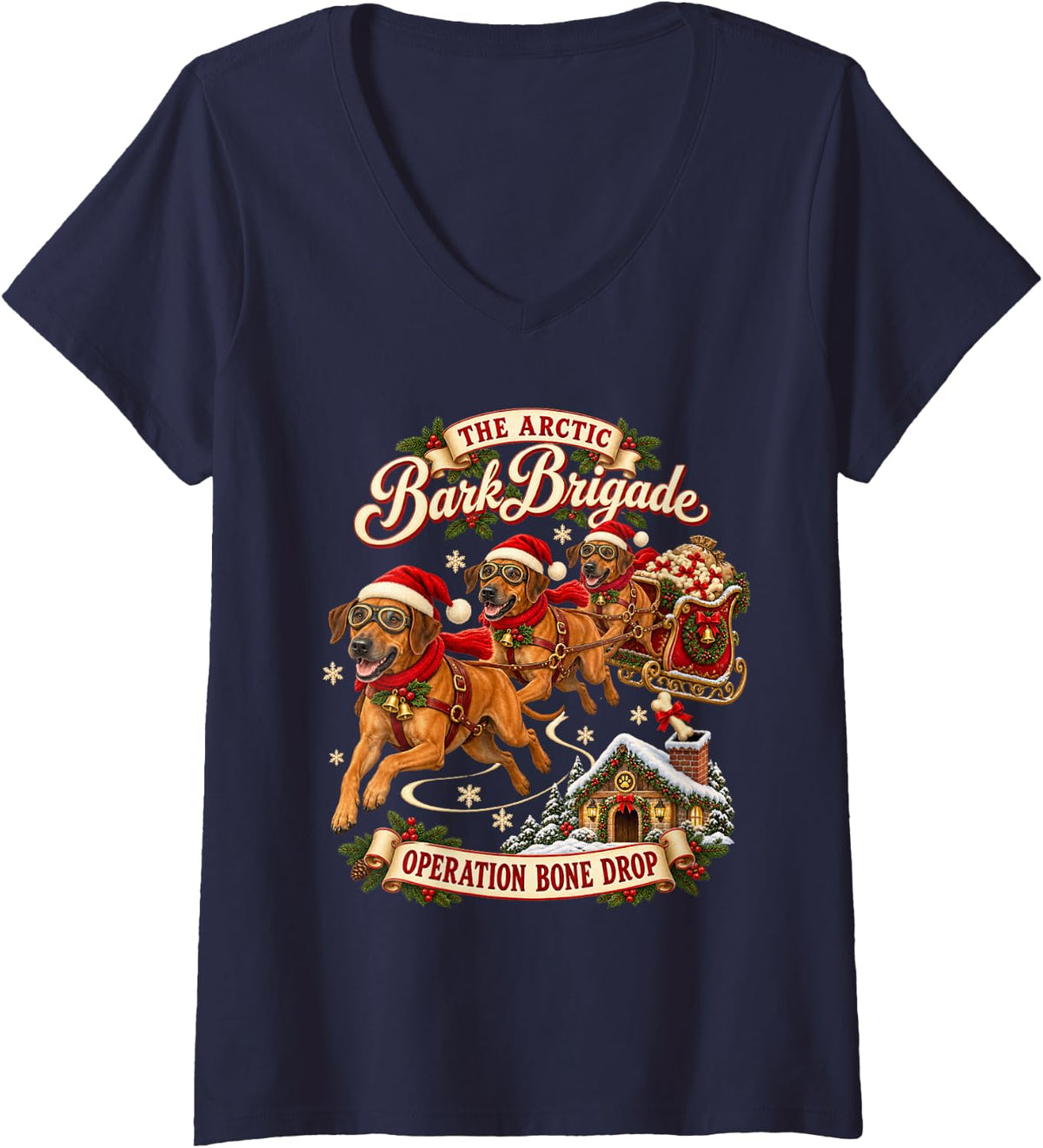Women's Rhodesian Ridgeback Christmas Funny Xmas Sleigh Dog Family V-Neck T-Shirt - Navy Blue