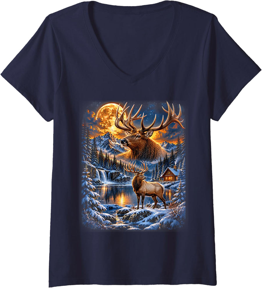 Women's Winter Elk Mountain Lake Full Moon Wildlife Nature Lover V-Neck T-Shirt - Navy Blue
