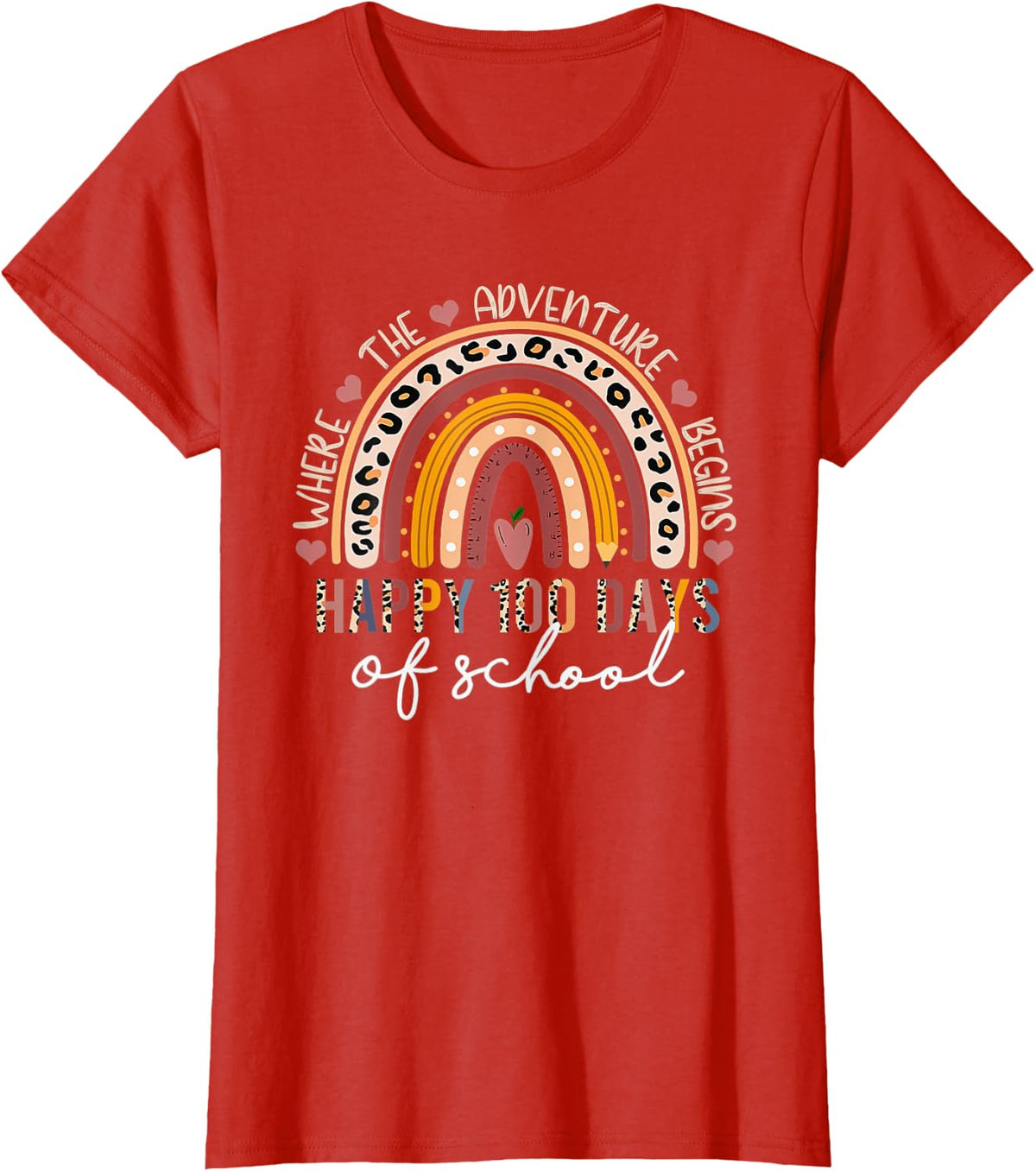100th Day Of School Teacher 100 Days Rainbow Leopard Boho T-Shirt - Red