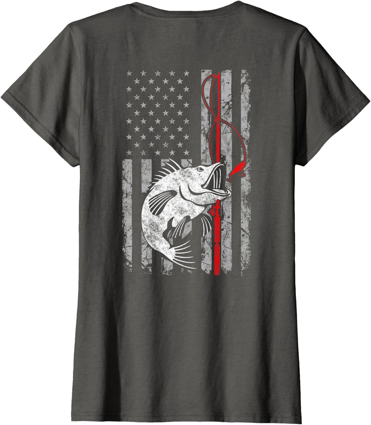 Fishing American Flag Vintage USA Bass Fisherman T-Shirt - Asphalt Grey