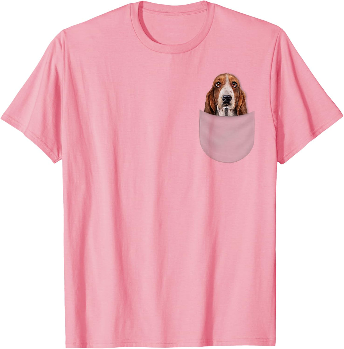 T-Shirt, Basset Hound Gazing Out from Pocket, Dog - Pink