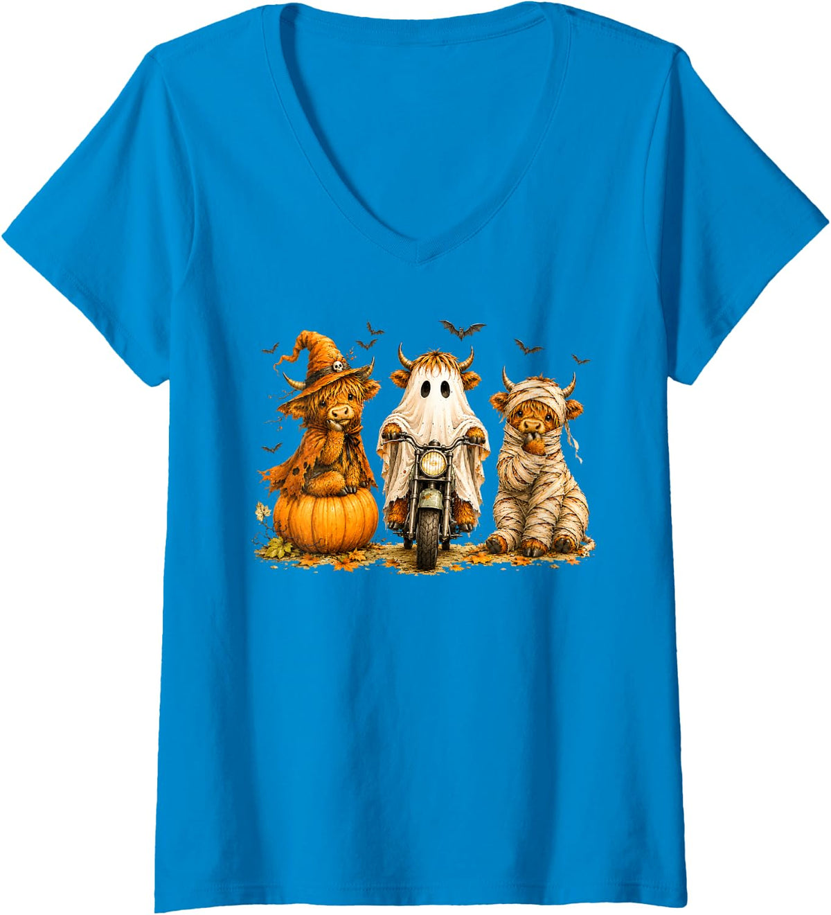 Women's Funny Ghost Witch Mummy Costume Highland Cow Lover Halloween V-Neck T-Shirt - Sapphire Blue