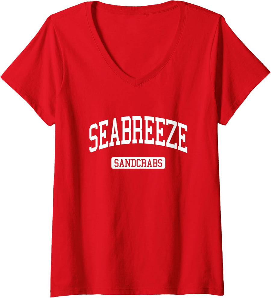 Womens Seabreeze High School HS Daytona Beach FL Varsity Sports V-Neck T-Shirt - Red