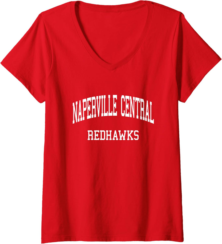 Womens Naperville Central High School HS Naperville IL Retro Sports V-Neck T-Shirt - Red
