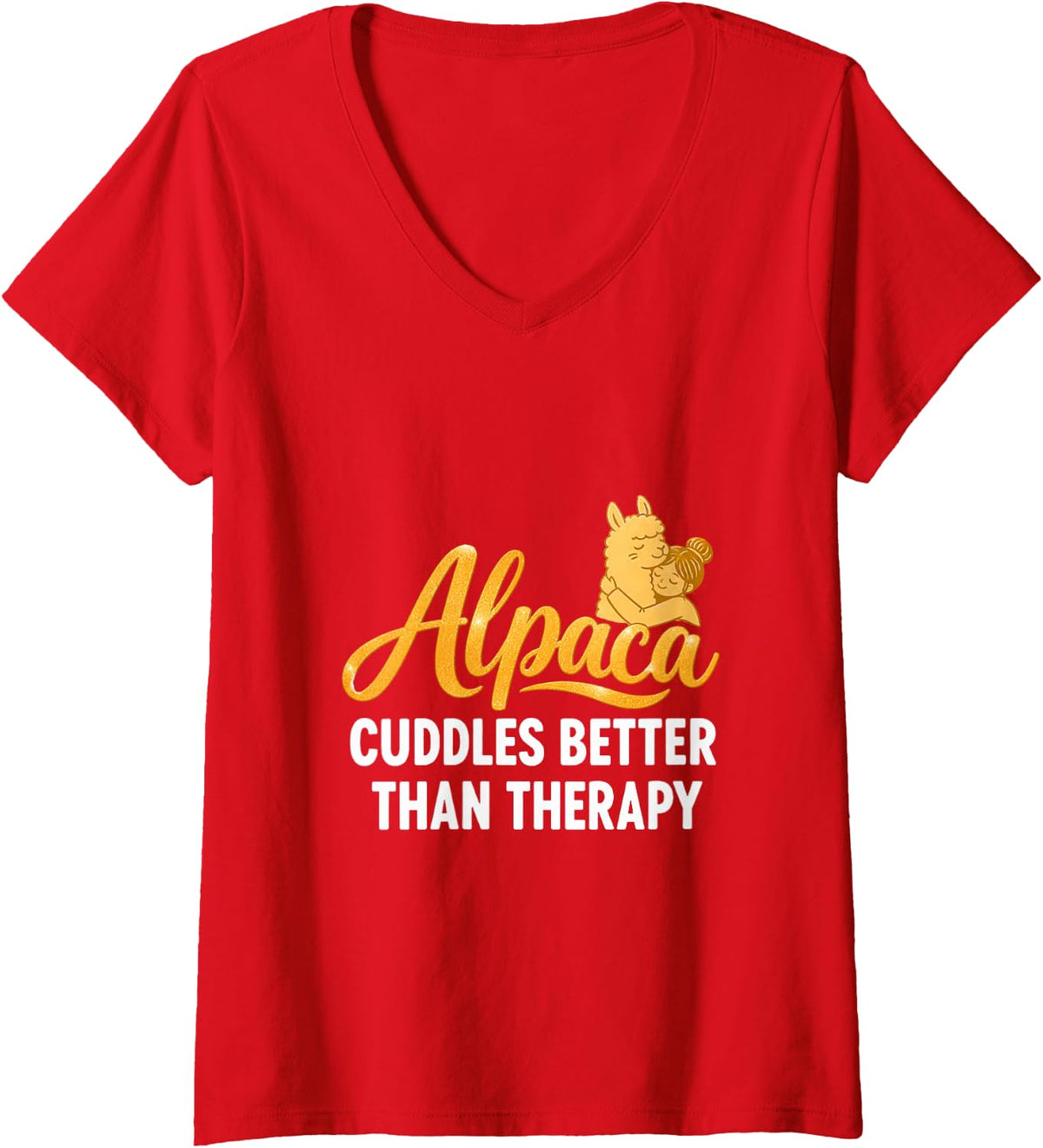 Women's Alpaca Cuddles Better Than Therapy Funny Farm Animal V-Neck T-Shirt - Red