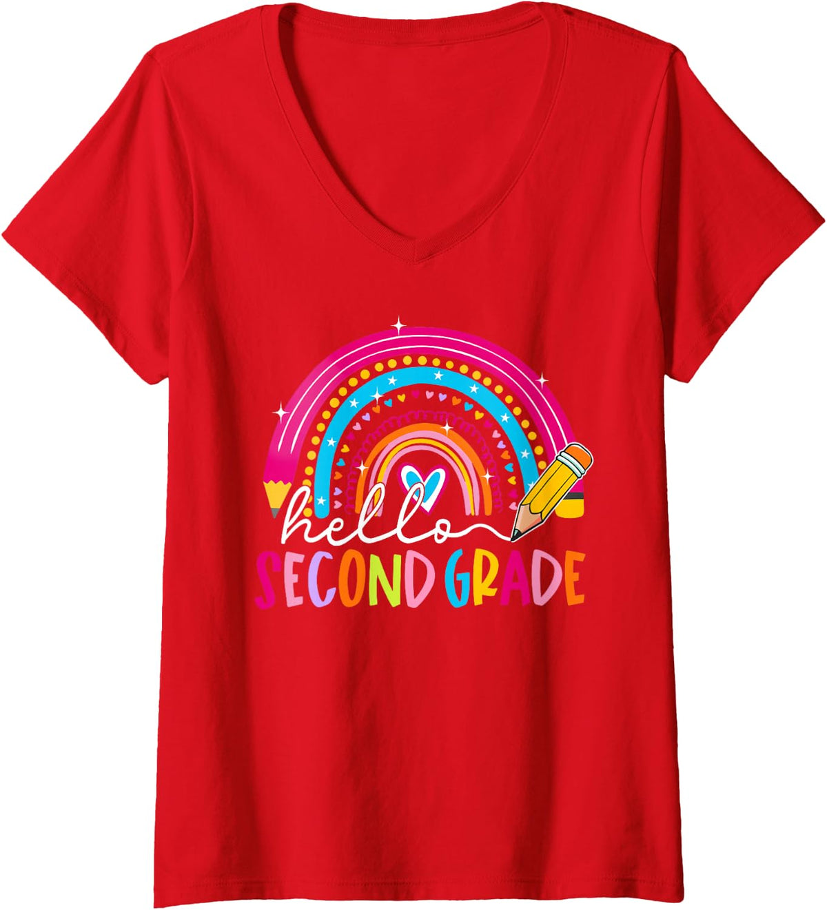 Women's Back to School Hello 2nd Second Grade Rainbow Pencil Kid V-Neck T-Shirt - Red