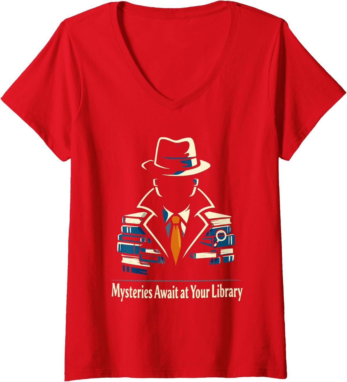 Women's Mysteries Await at Your Library Modern Detective Summer Read V-Neck T-Shirt - Red