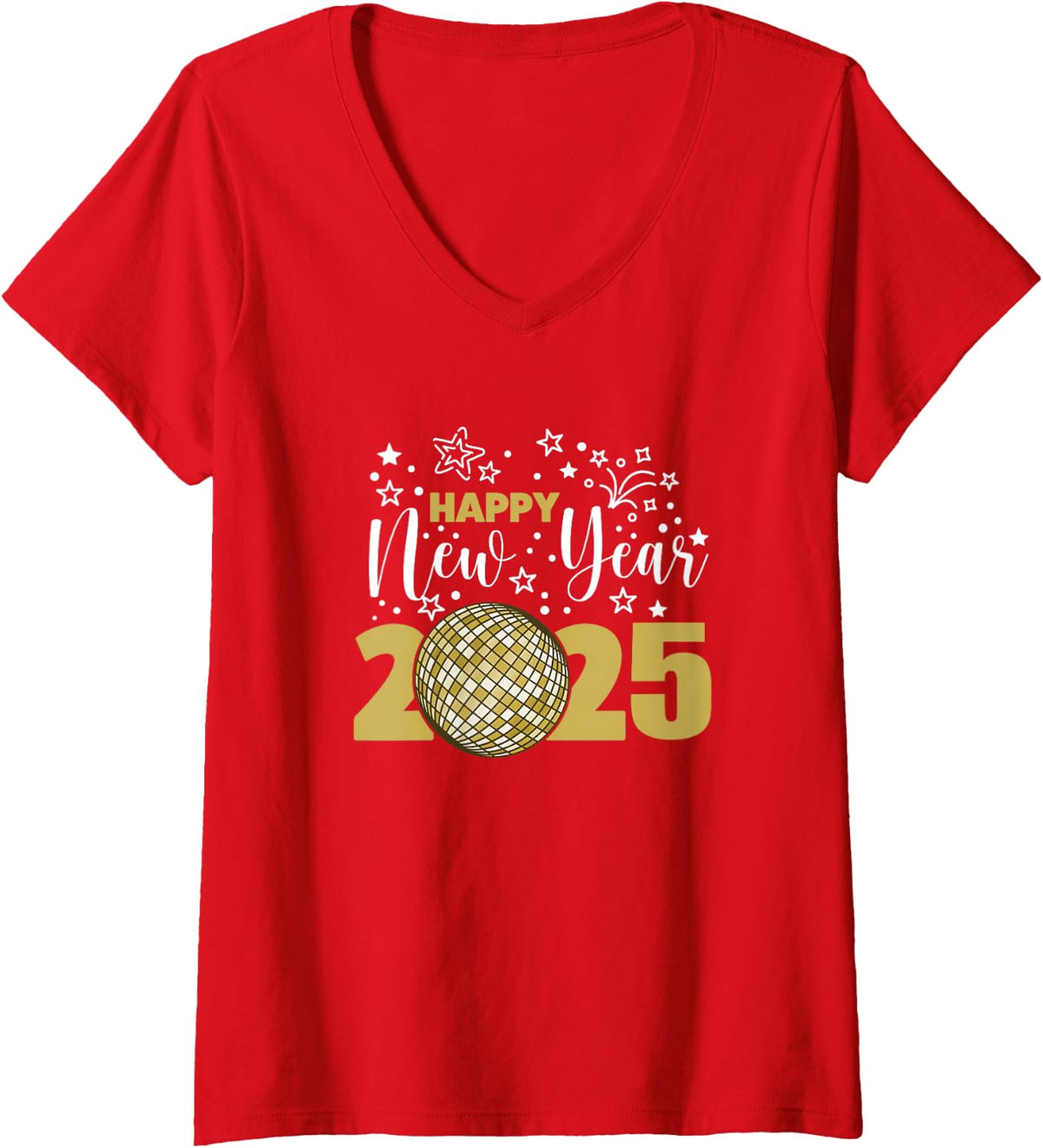 Women's New Years Eve Party Supplies Happy New Year 2025 V-Neck T-Shirt - Red