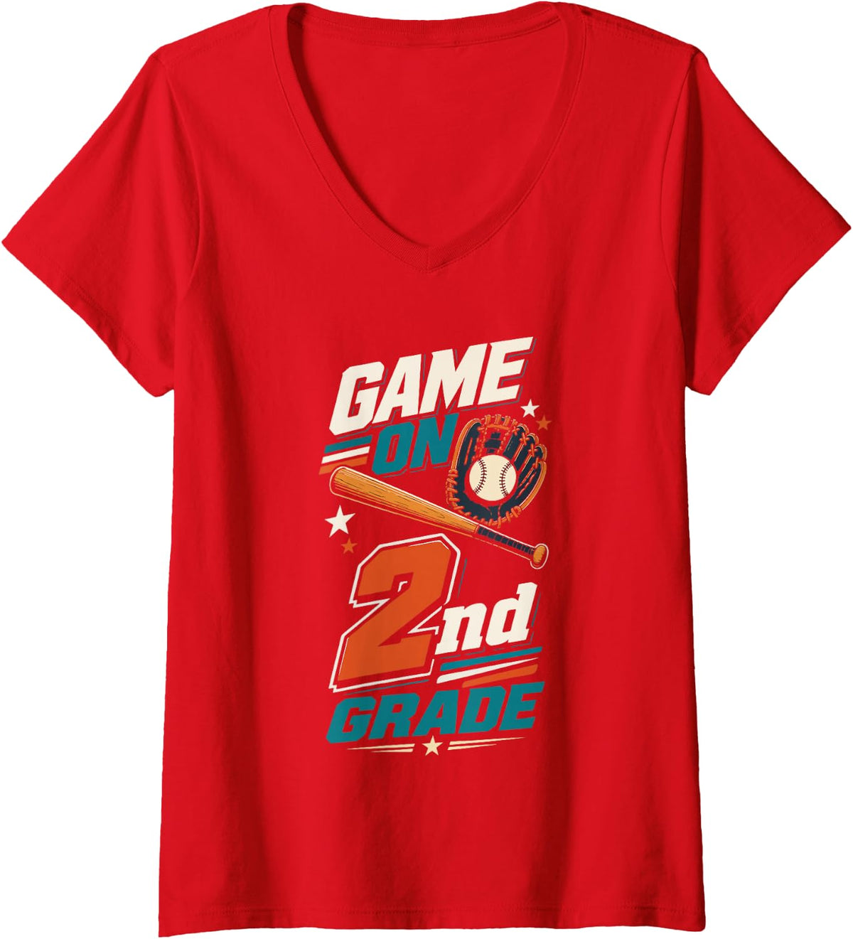 Women's Game On 2nd Grade Baseball Back to School V-Neck T-Shirt - Red