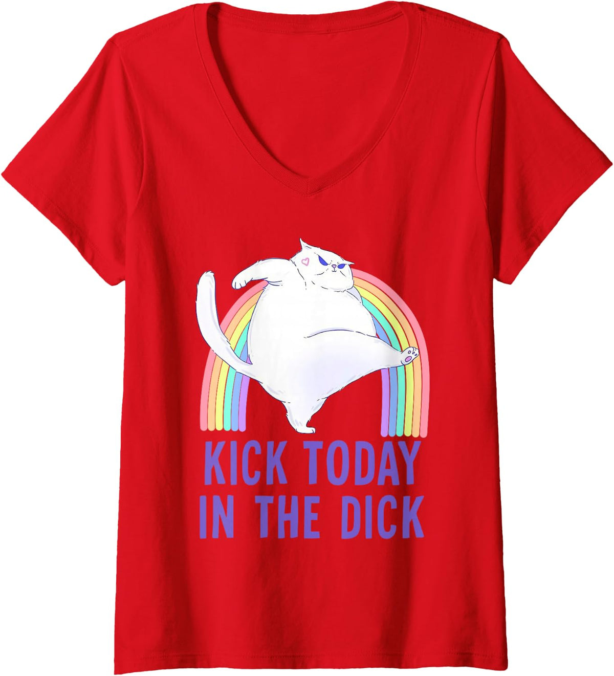 Women's Kick Today in The Dick Funny Cat Rainbow V-Neck T-Shirt - Red