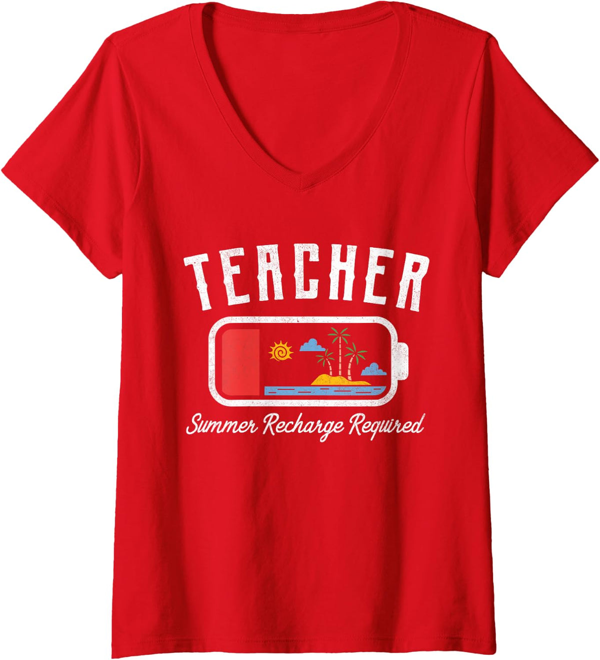 Women's Teacher Summer Recharge Required Last Day School Men Women V-Neck T-Shirt - Red