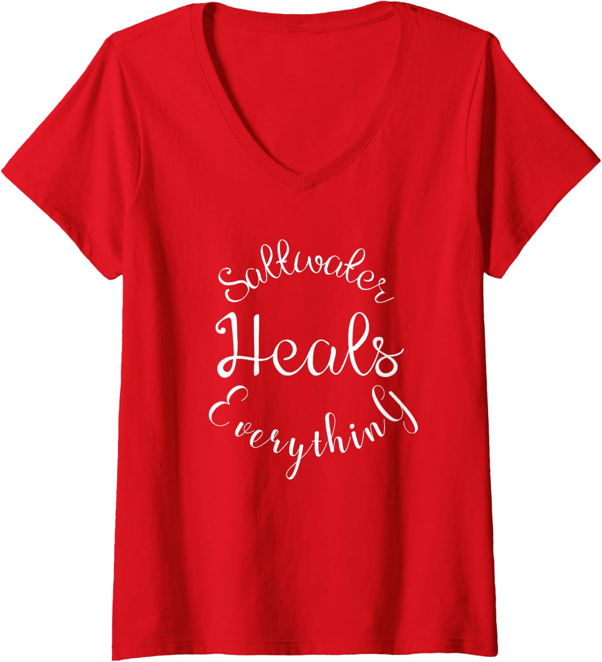 Womens Saltwater Heals Everything Script V-Neck T-Shirt - Red
