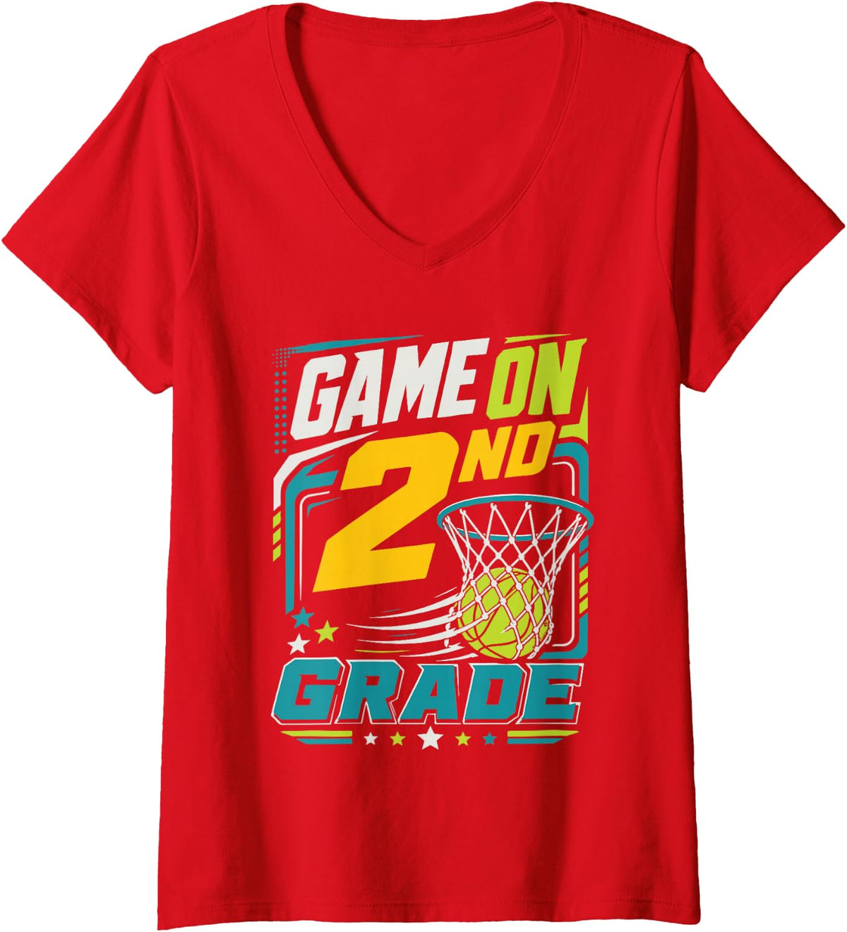 Women's Game On 2nd Grade Basketball School Spirit V-Neck T-Shirt - Red