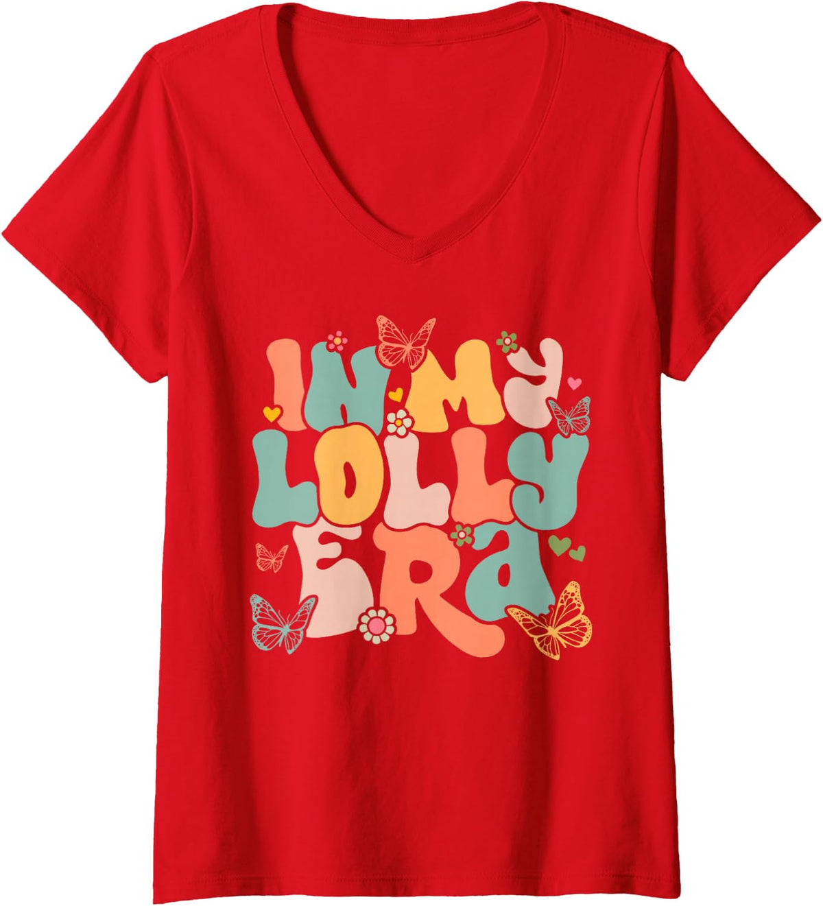Women's Retro Groovy in My Lolly Era Mother's Day V-Neck T-Shirt - Red