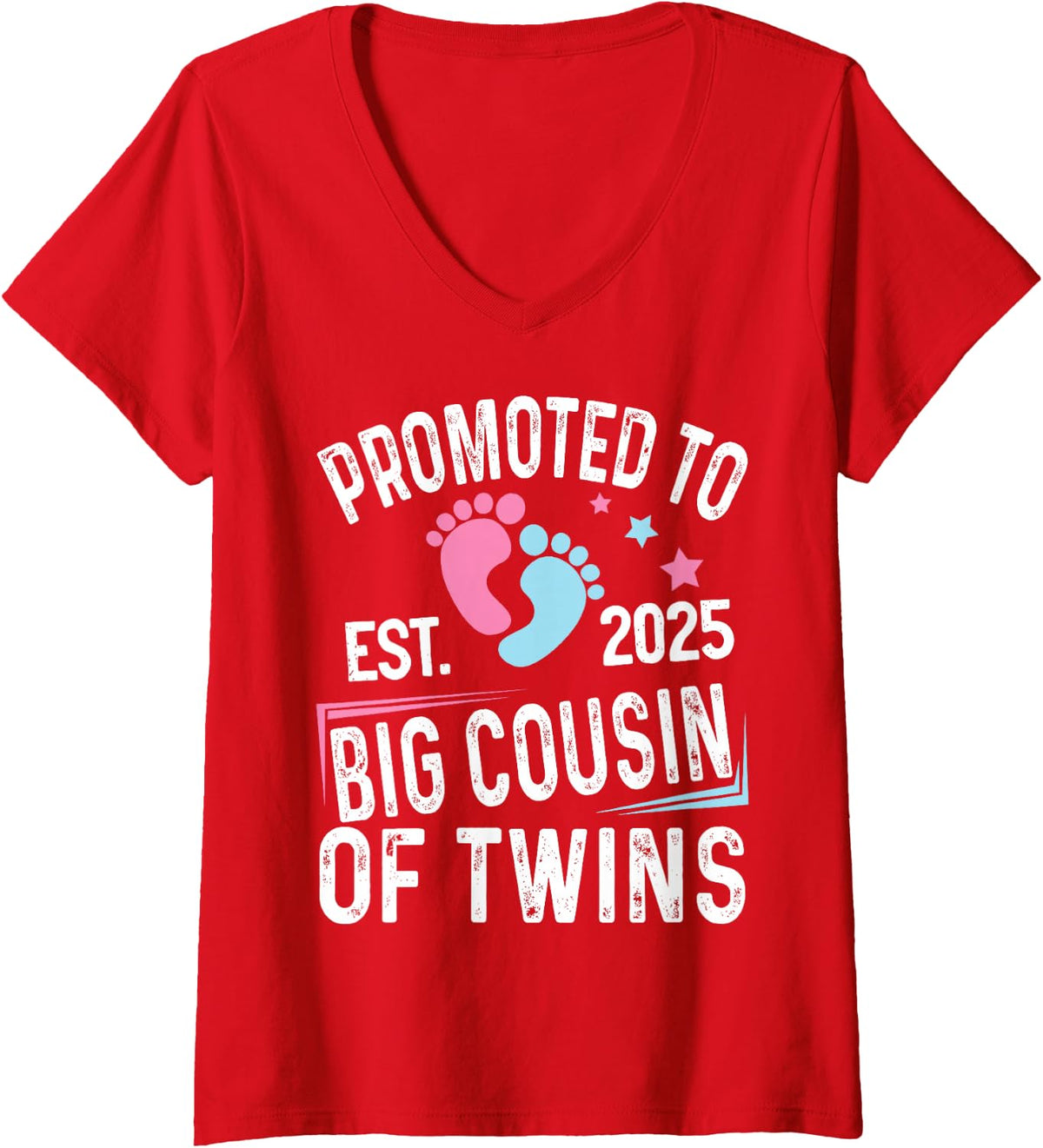 Women's Promoted to Big Cousin of Twins Est 2025 Baby Shower V-Neck T-Shirt - Red