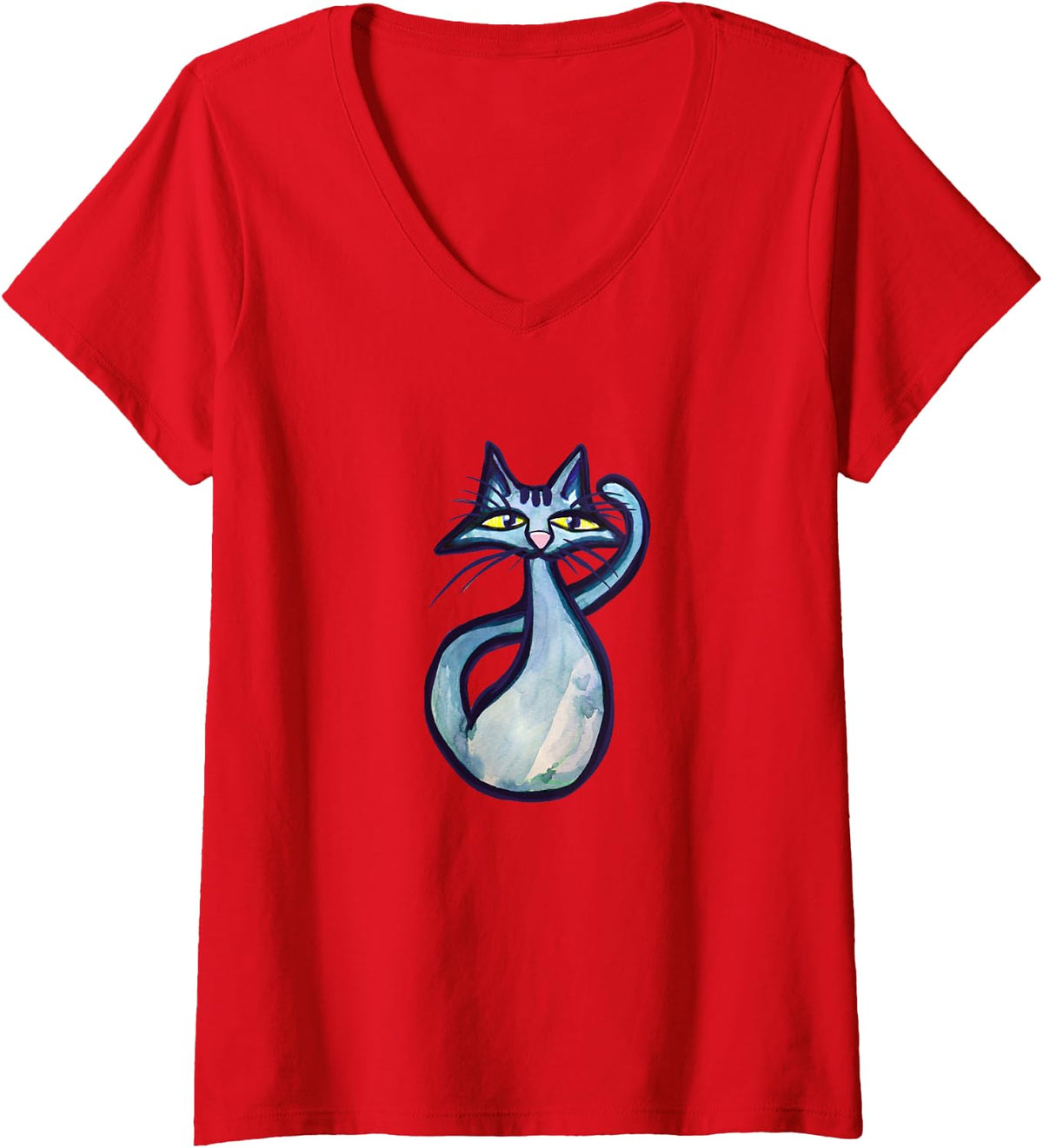 Women's Blue Cat Art V-Neck T-Shirt - Red