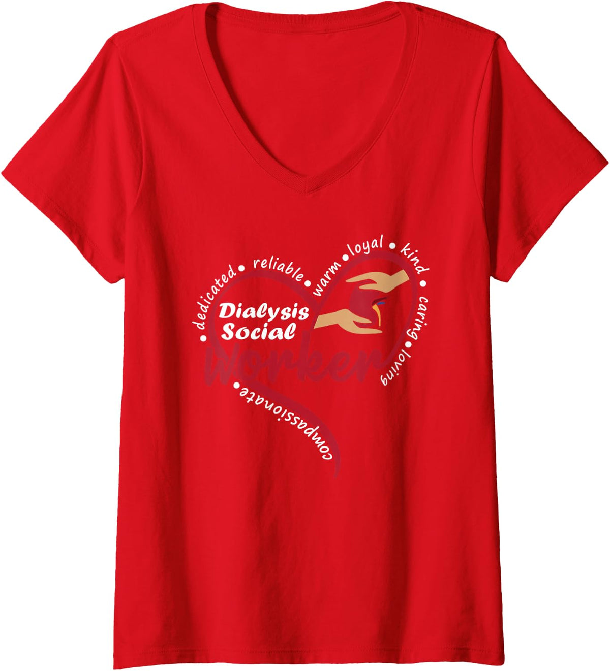 Women's Dialysis Social Worker Kidney Renal Heart V-Neck T-Shirt - Red
