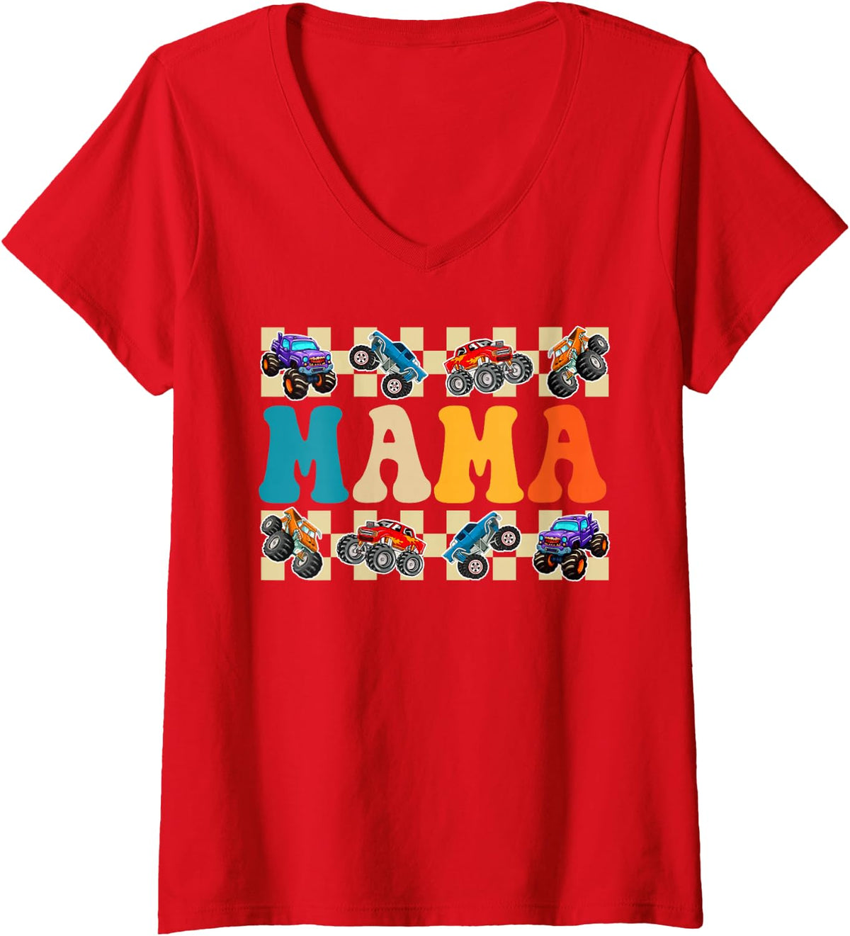 Women's Mama Monster Truck Birthday Crew Family Matching Mom Women V-Neck T-Shirt - Red