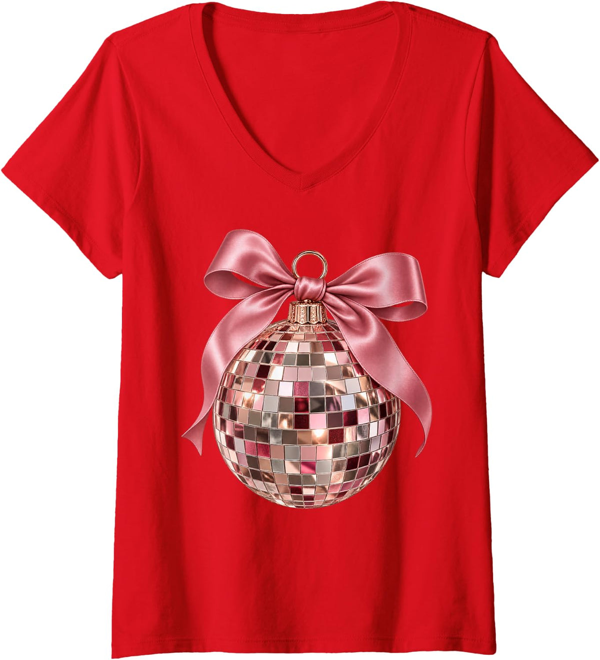 Women's Pink Disco Ball Bow Coquette Christmas New Years Eve V-Neck T-Shirt - Red