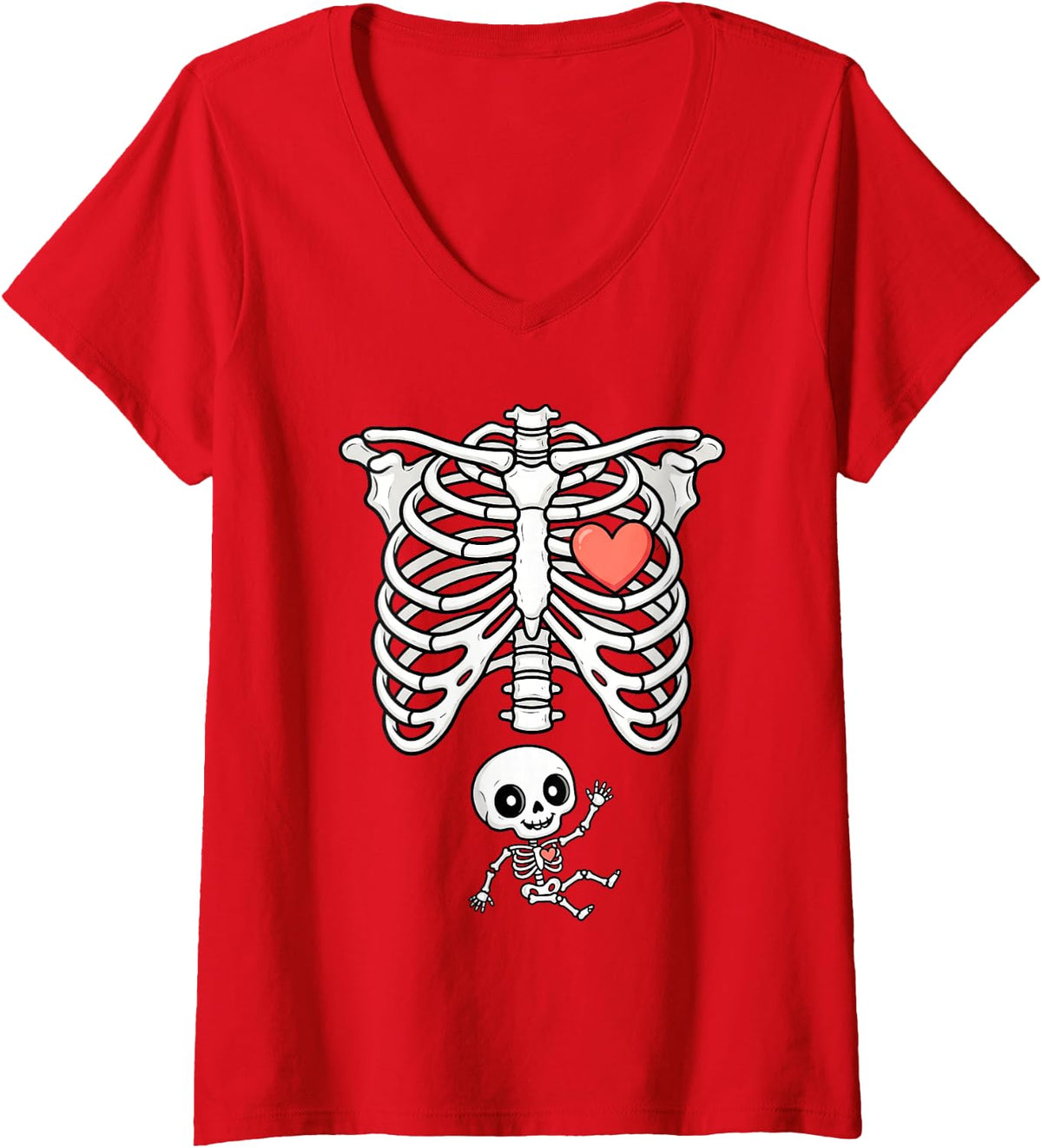 Women's Pregnant Skeleton Halloween Couple Baby Announcement Mom V-Neck T-Shirt - Red