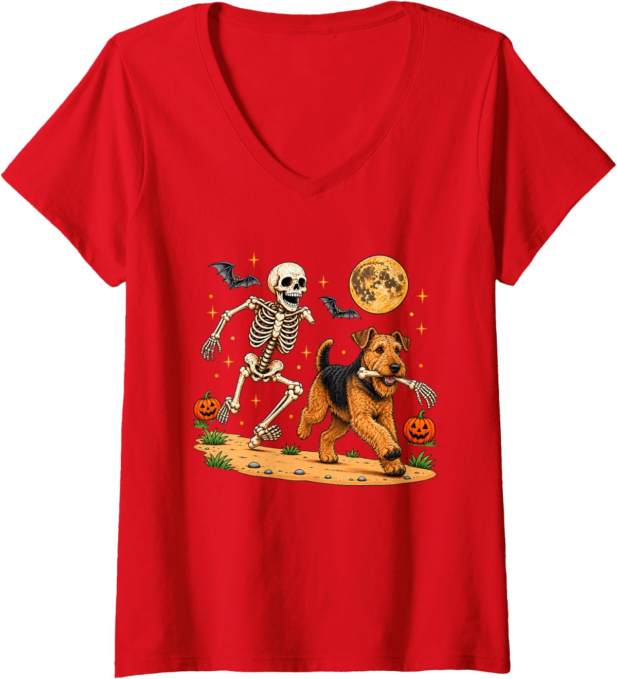Women's Funny Skeleton Chasing Airedale Terrier Halloween Dog Mom V-Neck T-Shirt - Red