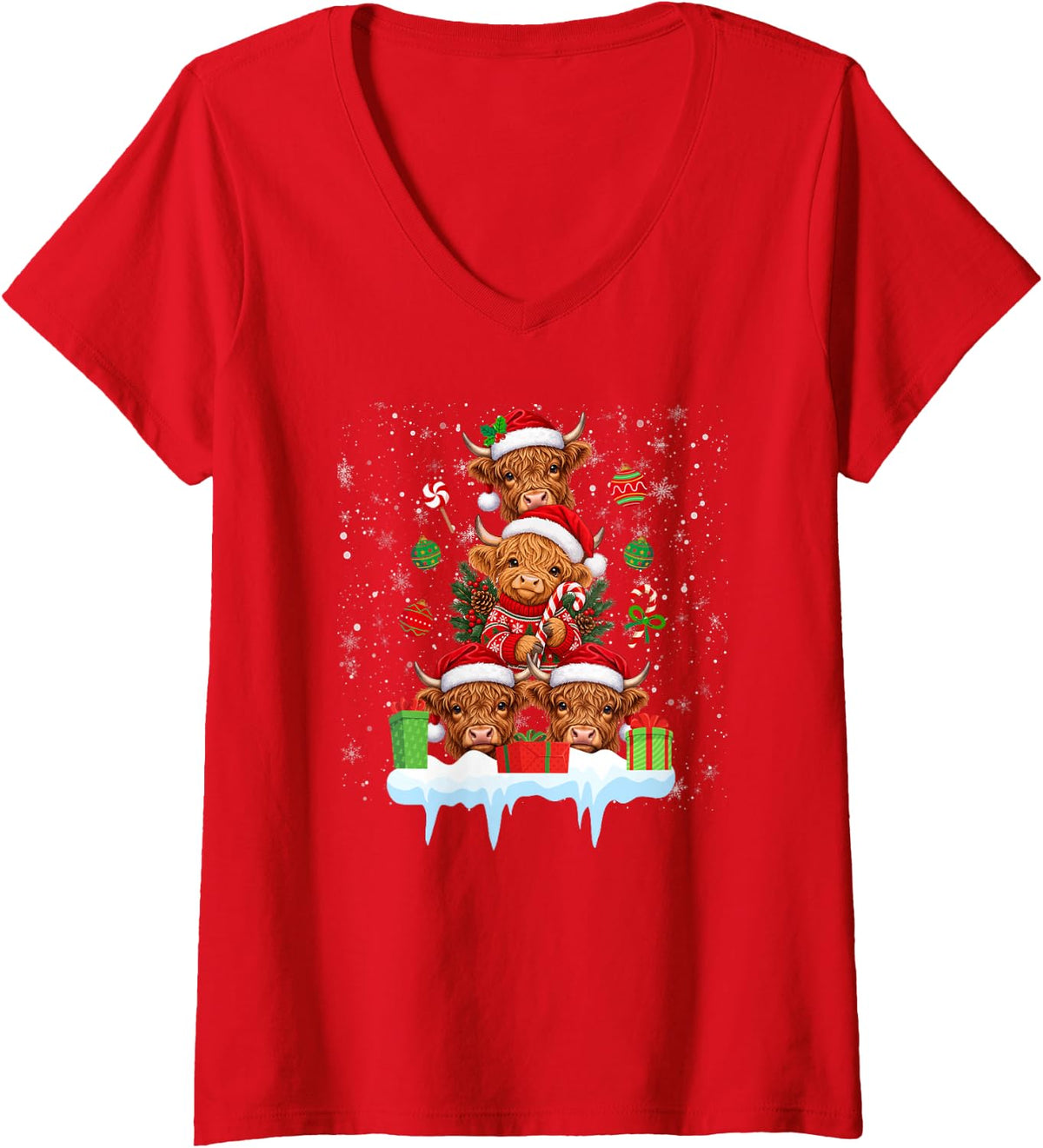 Women's Highland Cow Christmas Tree Highland Cow Xmas Party V-Neck T-Shirt - Red