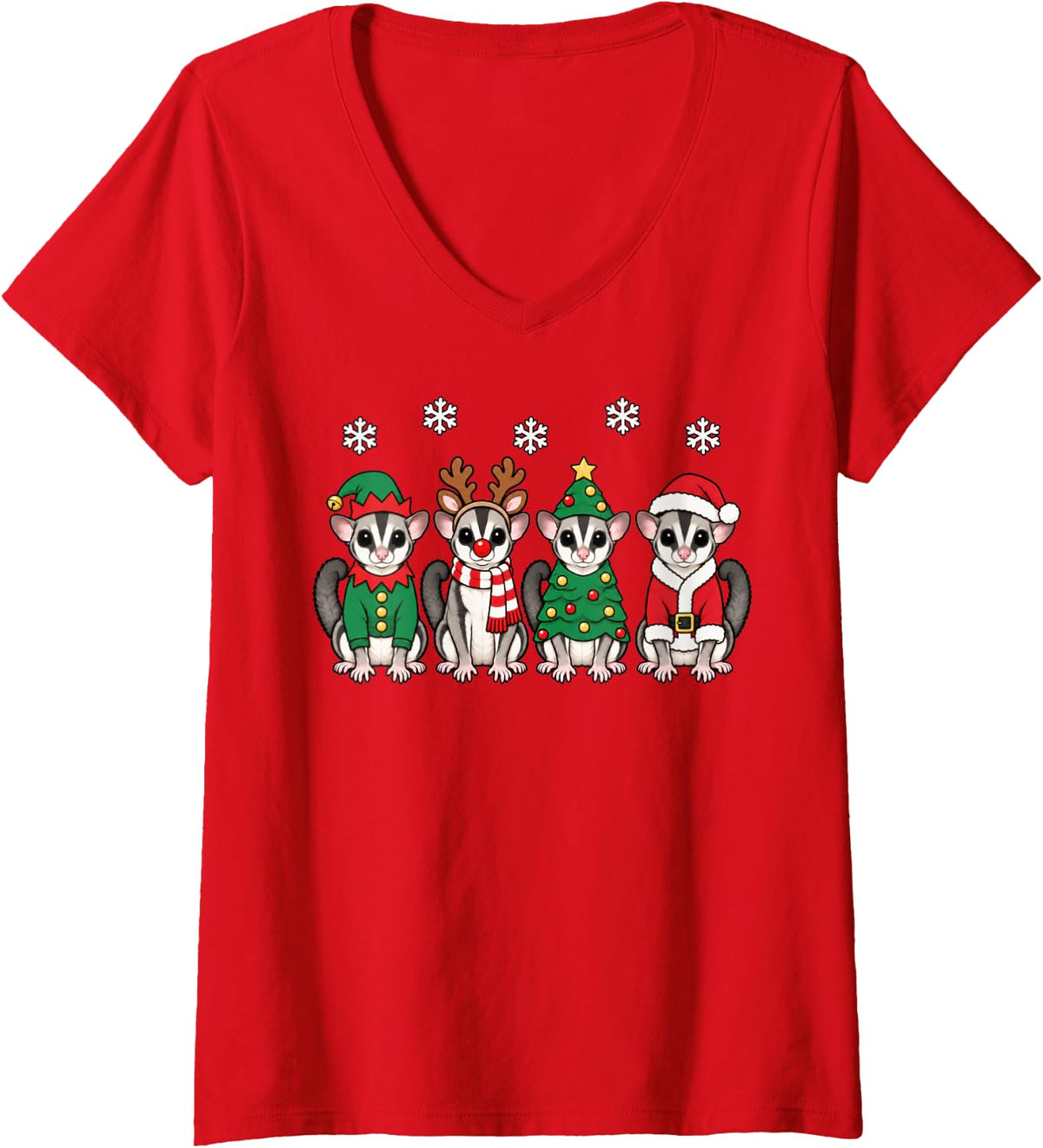 Women's Sugar Glider Christmas Reindeer Santa V-Neck T-Shirt - Red