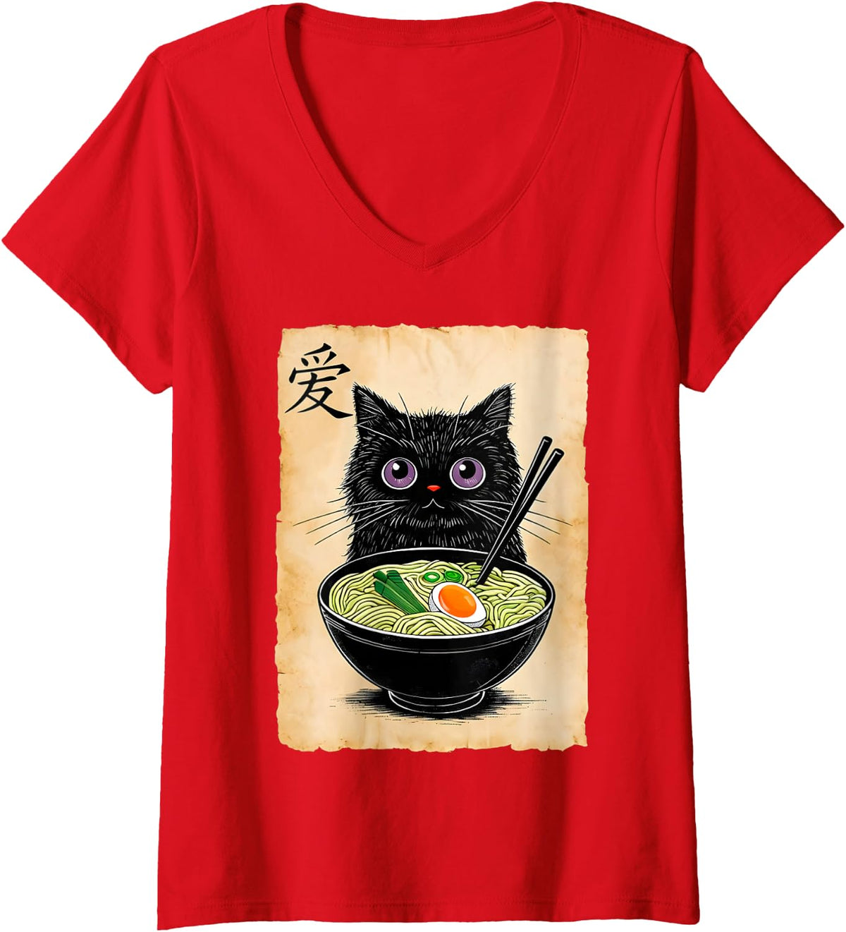 Women's Cat Ramen Graphic Tees Funny Japanese Kawaii Anime Cat V-Neck T-Shirt - Red