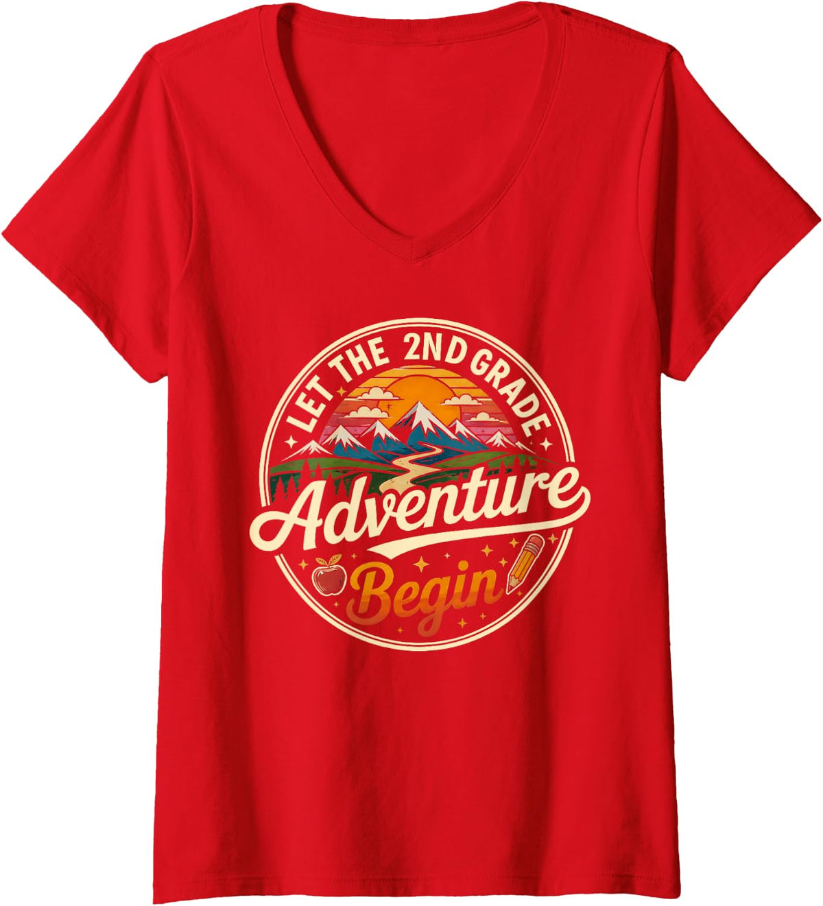 Women's Back to School Let 2nd Second Grade Adventure Begin Kids V-Neck T-Shirt - Red