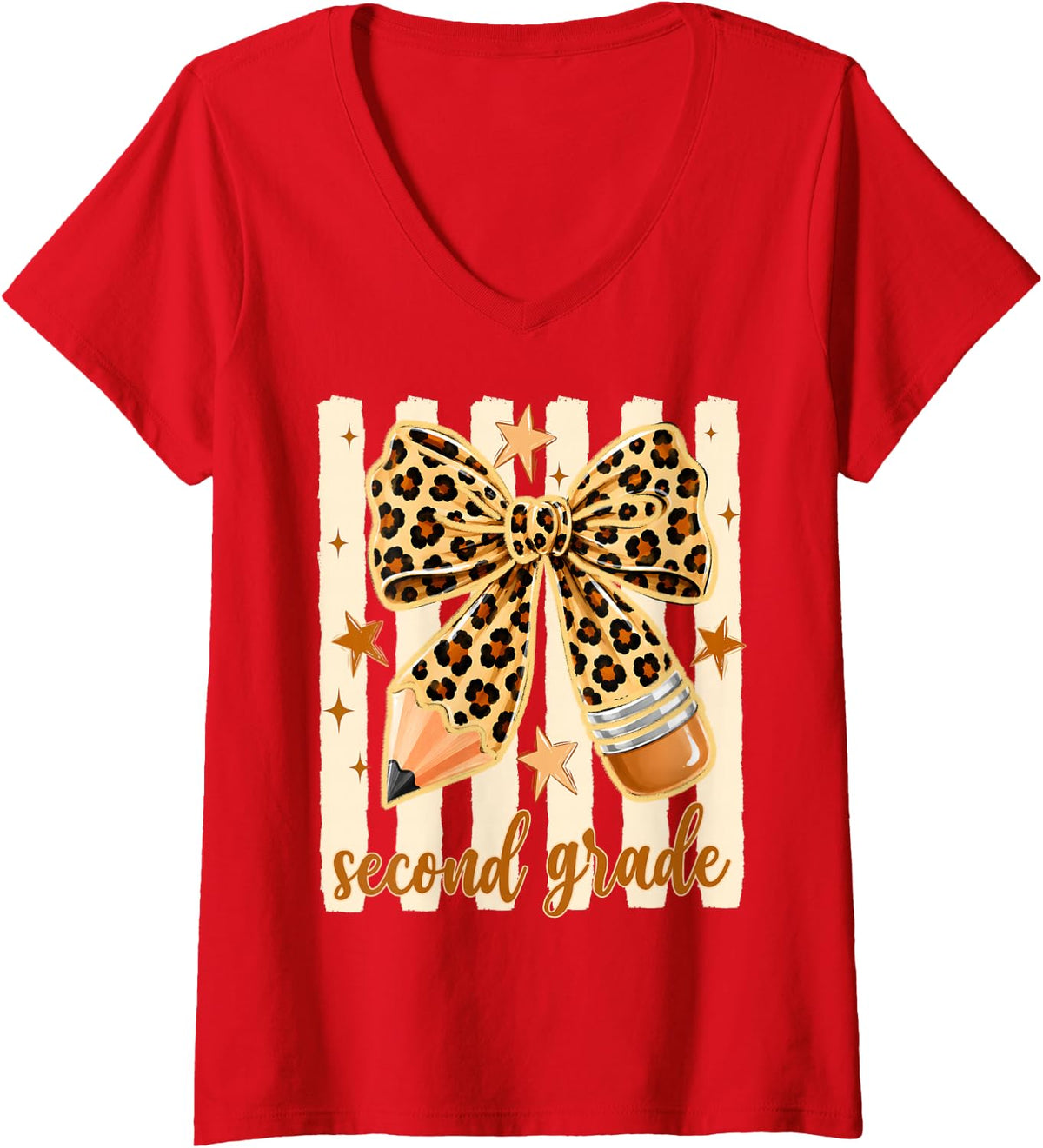 Women's Striped Leopard Coquette Pencil Back to School Second Grade V-Neck T-Shirt - Red