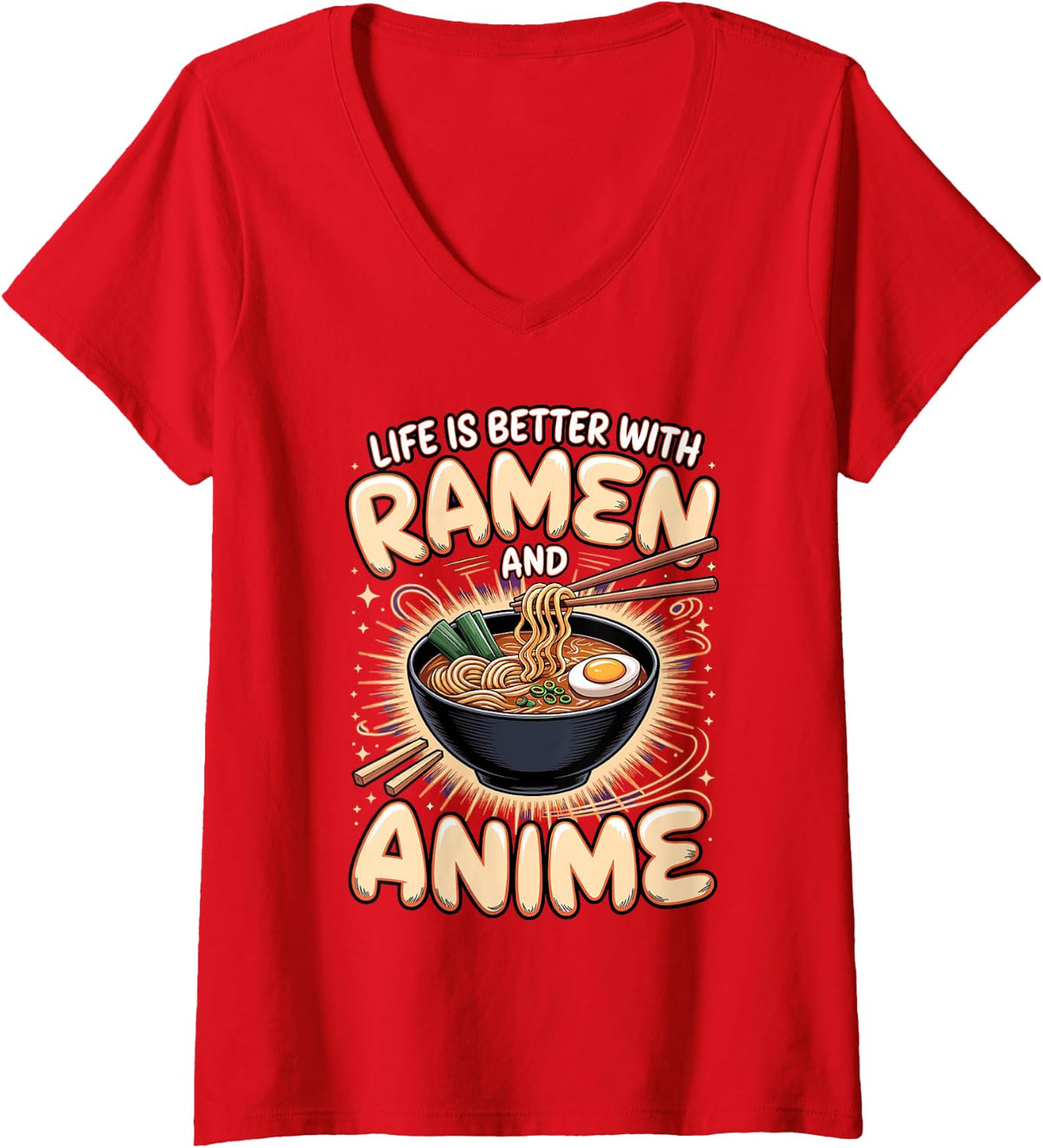Women's Life is Better with Ramen and Anime Otaku Manga V-Neck T-Shirt - Red