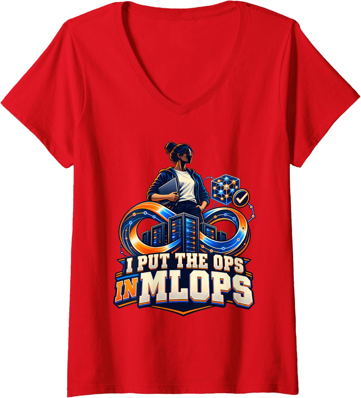 Women's I Put The Ops in MLOps AI Architect Machine Learning V-Neck T-Shirt - Red