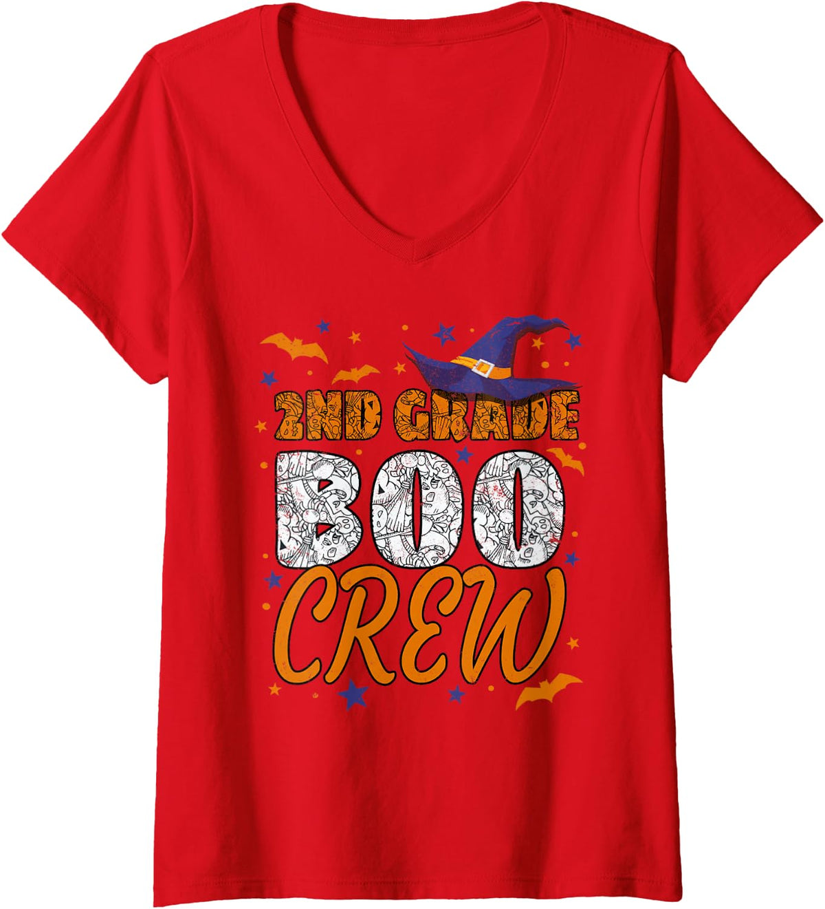 Women's 2nd Grade Boo Crew Halloween Second Grader Matching V-Neck T-Shirt - Red
