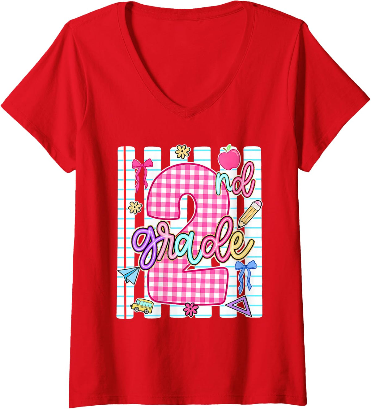 Women's Back to School 2nd Second Grade Coquette Bow Women Girl V-Neck T-Shirt - Red
