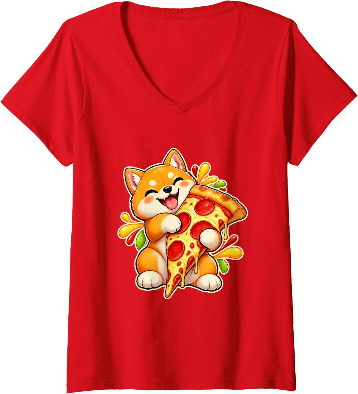 Women's Smiling Shiba Inu with Pizza Slice V-Neck T-Shirt - Red