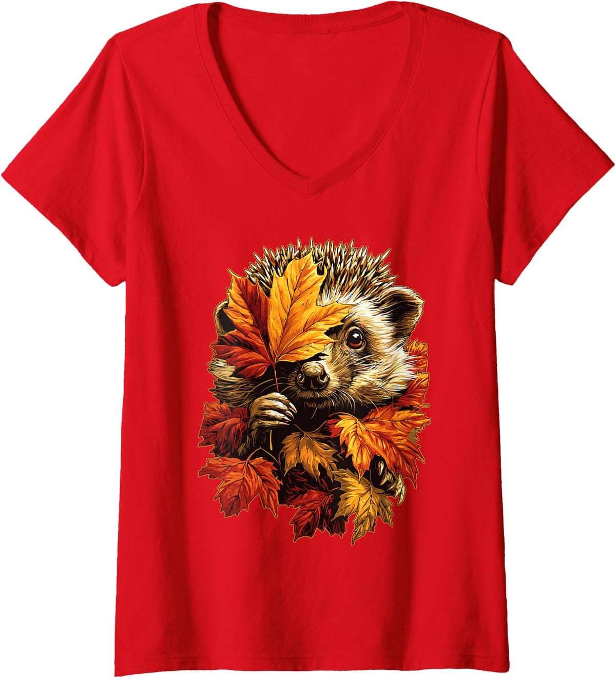 Women's Hedgehog with Fall Leaves Forest Animal Autumn Aesthetic V-Neck T-Shirt - Red