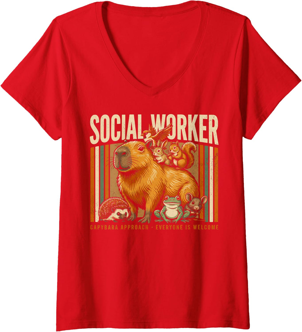 Women's Social Worker Capybara Approach Everyone is Welcome V-Neck T-Shirt - Red