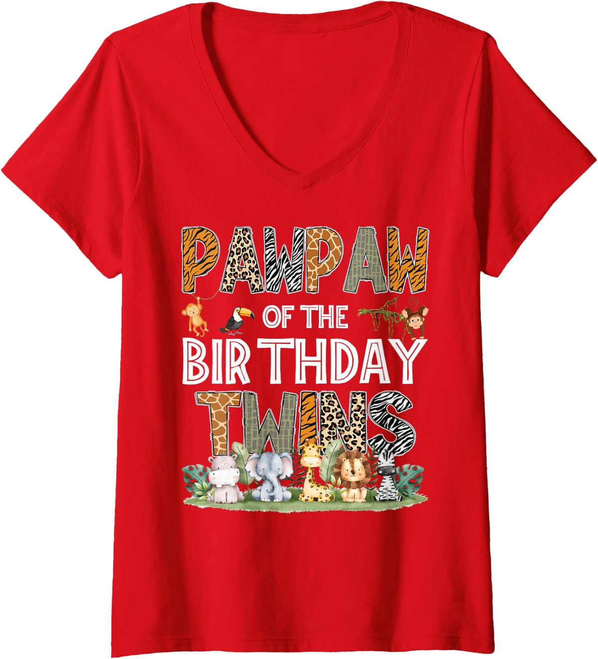 Women's Pawpaw of The Birthday Twins Safari Wild One Zoo Animal V-Neck T-Shirt - Red