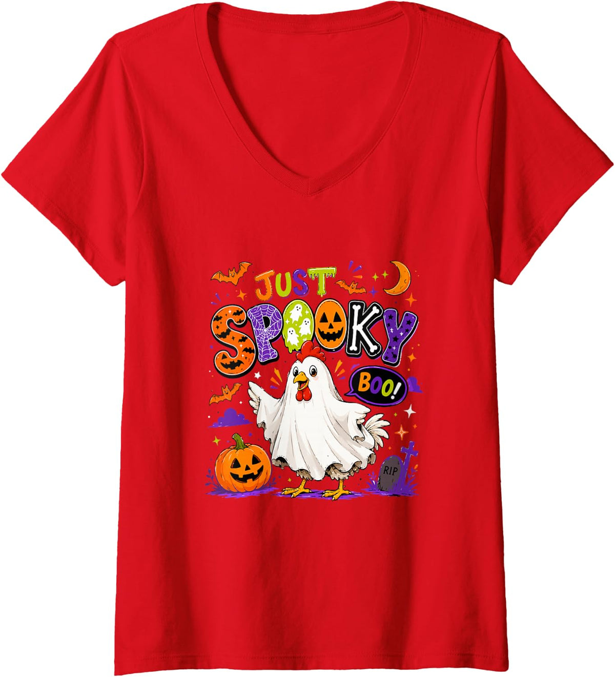 Women's Just Spooky Halloween Chicken Cosplay Boo Costume Farmer V-Neck T-Shirt - Red