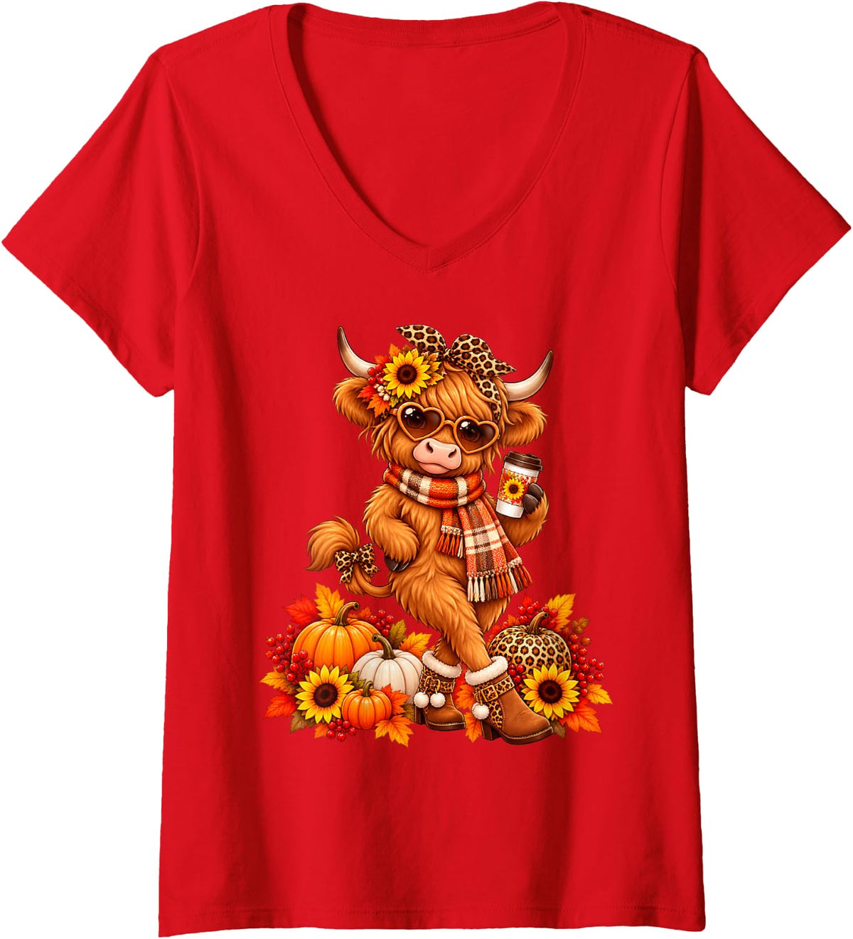 Women's Leopard Highland Cow Drinking Coffee Fall Thanksgiving V-Neck T-Shirt - Red