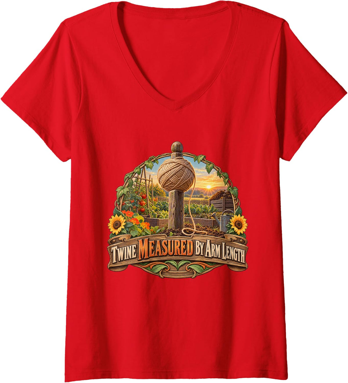 Women's Twine Measured By Arm Length Gardening Graphic V-Neck T-Shirt - Red