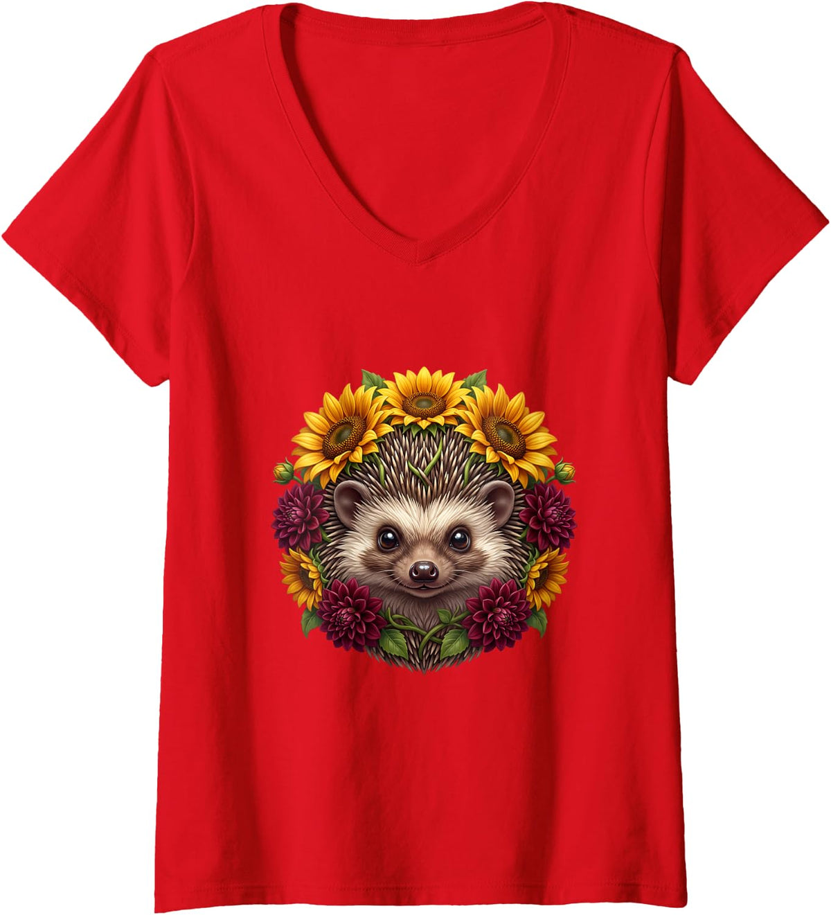 Women's Little Hedgehog with Sunflowers and Red Dahlias V-Neck T-Shirt - Red