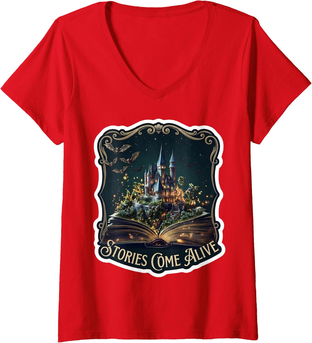 Women's Stories Come Alive Book Lover Library Bookworm Reader Quote V-Neck T-Shirt - Red