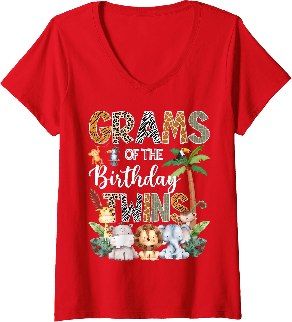 Women's Grams of The Birthday Twins Safari Jungle Animal Lover V-Neck T-Shirt - Red