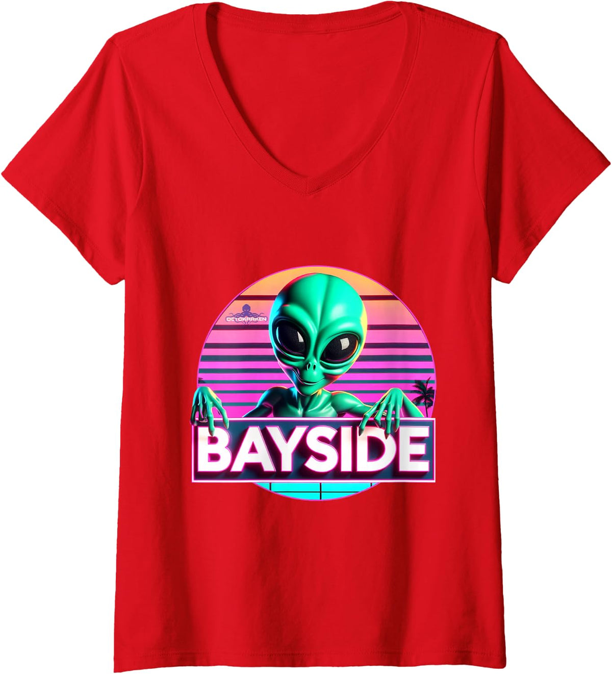 Women's Synthwave Miami Alien at Bayside/UFO/V-Neck T-Shirt - Red